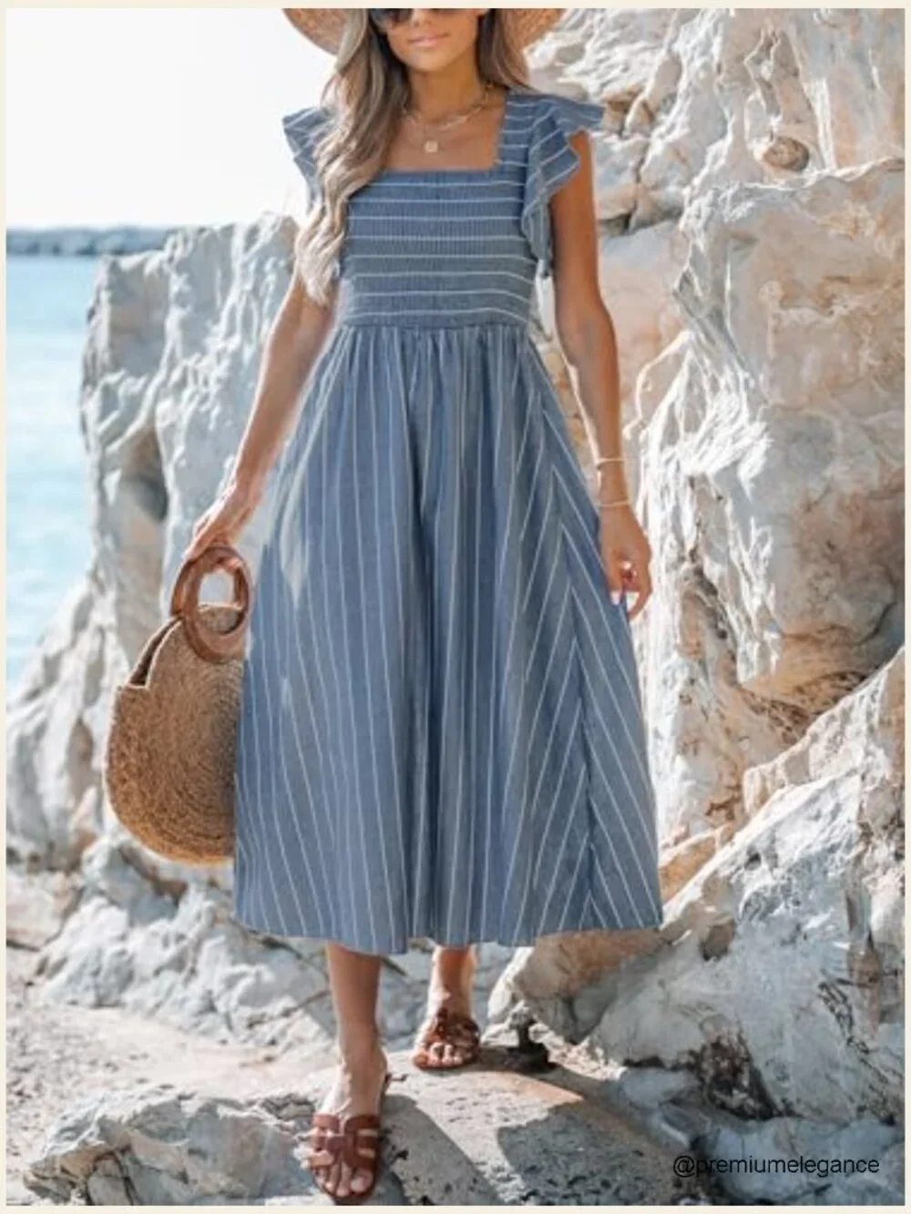 Striped Smocked Maxi Dress with Ruffled Sleeves, Square Neck, A-Line - Picture 4 of 6